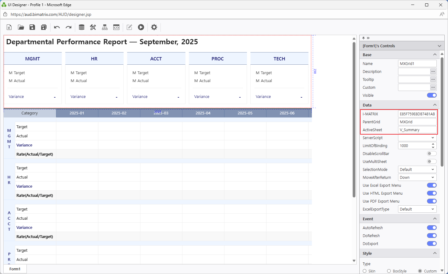 Configure MXGrid1 with V_Summary sheet