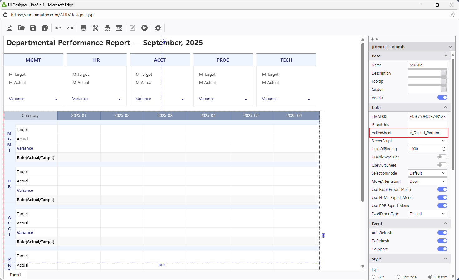 Configure MXGrid with V_Depart_Perform sheet